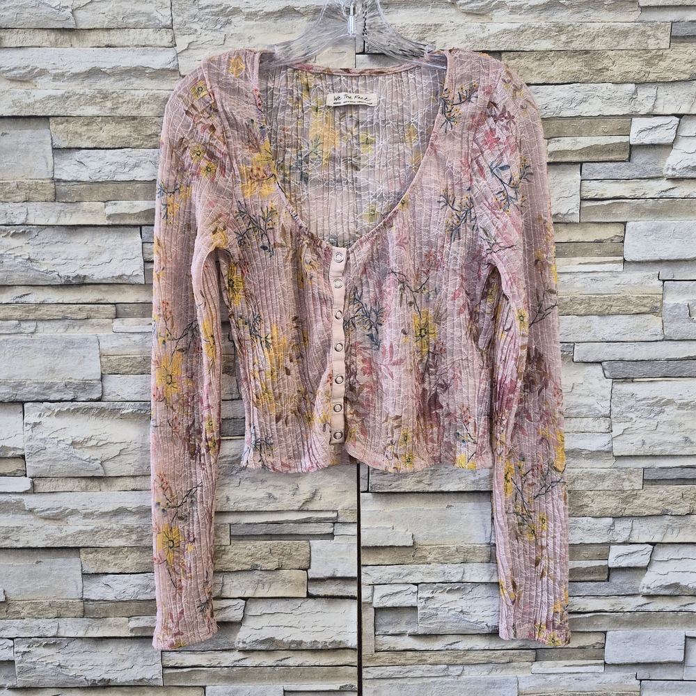 We The Free Pink Floral Ribbed Button-Front Long Sleeve Top